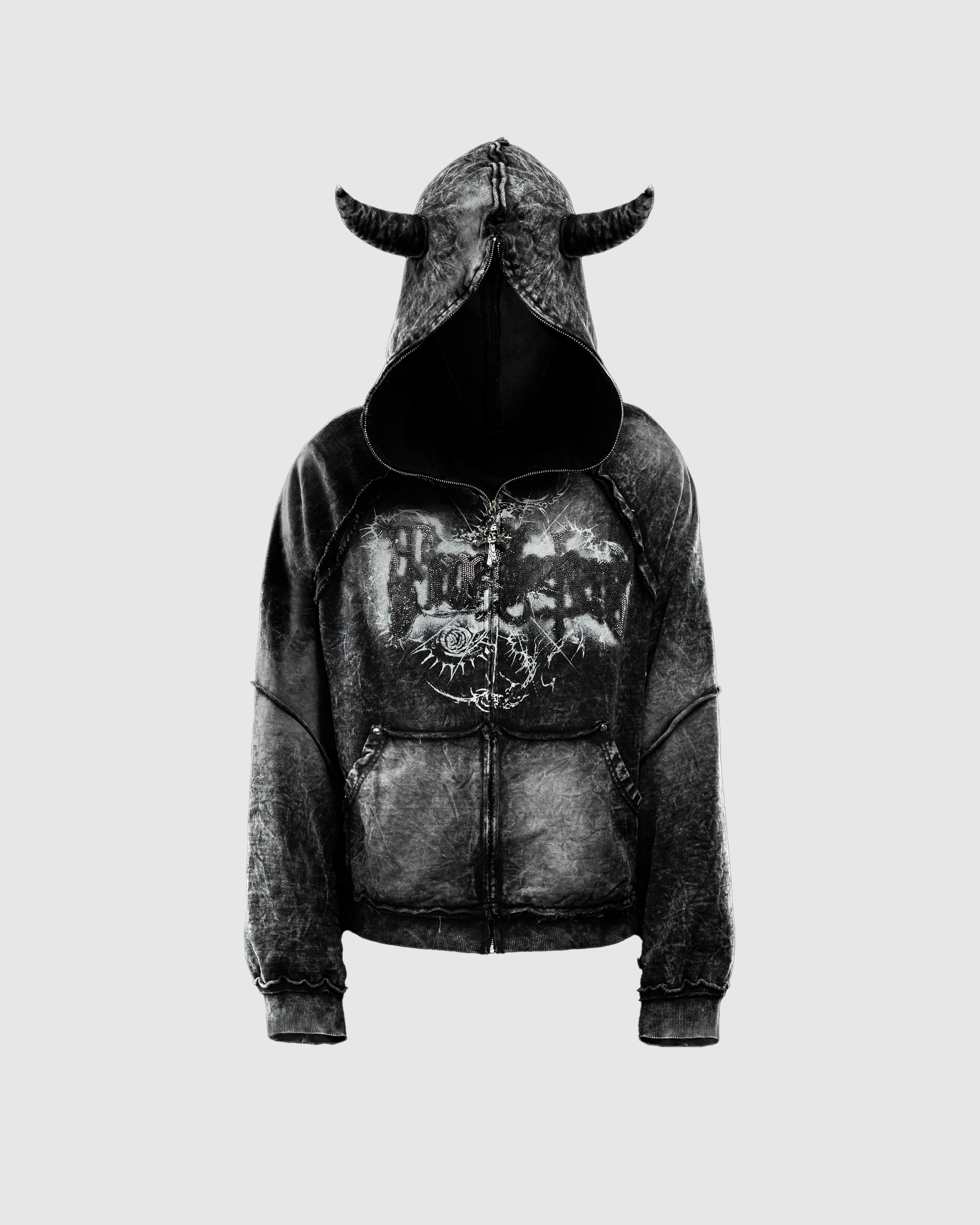 HOTTER THAN HELL 3.0 RHINESTONE ZIP-HOODIE BLACK WASHED - Timeseekers