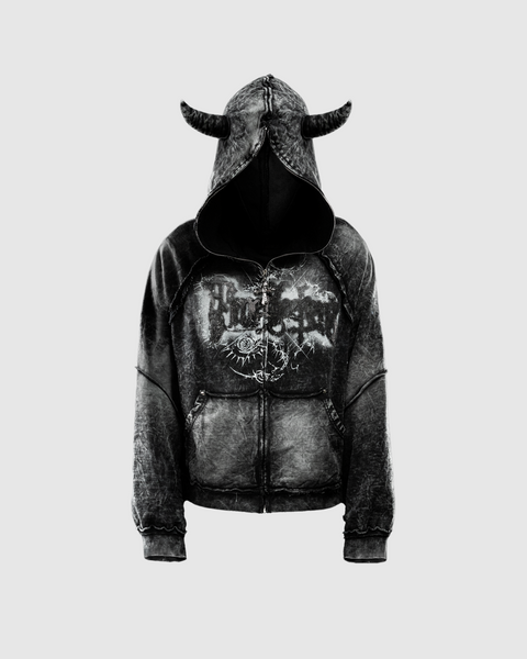 HOTTER THAN HELL 3.0 RHINESTONE ZIP-HOODIE BLACK WASHED - Timeseekers